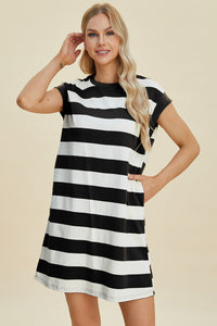 Thumbnail for Basic Bae Full Size Striped Round Neck Cap Sleeve Mini Dress