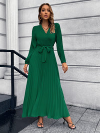 Thumbnail for V-Neck Tie Waist Pleated Maxi Dress