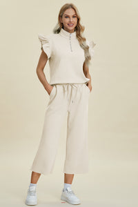 Thumbnail for Double Take Full Size Texture Ruffle Short Sleeve Top and Wide Leg Pants Set