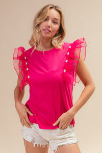 Thumbnail for BiBi Pearl Decor Mesh Ruffle Sleeve Top