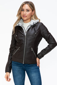 Thumbnail for YMI Faux Layered Double-Zipper Jacket with Fuzzy Hood