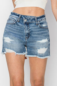 Thumbnail for RISEN Stepped Waist Frayed Denim Shorts