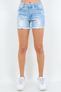 Thumbnail for American Bazi High Waist Distressed Frayed Denim Shorts