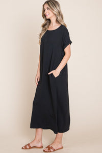 Thumbnail for BOMBOM Round Neck Short Sleeve Midi Dress with Pockets