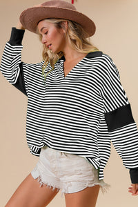 Thumbnail for BiBi Striped Contrast Long Sleeve Knit Top