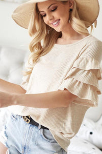 Thumbnail for BiBi Waffle Knit Layer Ruffled Sleeve Top