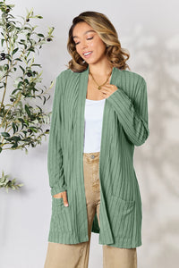 Thumbnail for Basic Bae Full Size Ribbed Open Front Cardigan with Pockets