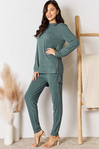 Thumbnail for Basic Bae Full Size Ribbed Round Neck High-Low Slit Top and Pants Set