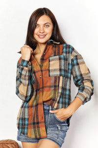 Thumbnail for Double Take Plaid Curved Hem Shirt Jacket with Breast Pockets