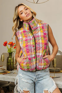 Thumbnail for BiBi Quilted Washed Plaid Snap Down Vest