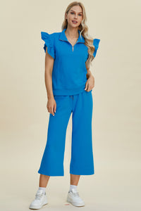 Thumbnail for Double Take Full Size Texture Ruffle Short Sleeve Top and Wide Leg Pants Set