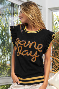 Thumbnail for BiBi Game Day Letter Contrast Trim Ruffled Sleeveless Sweater