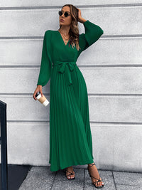 Thumbnail for V-Neck Tie Waist Pleated Maxi Dress