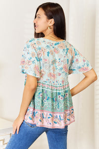 Thumbnail for Perfee Floral Tie Neck Short Sleeve Blouse