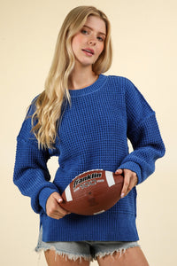 Thumbnail for VERY J Waffle-Knit Exposed Seam Round Neck Sweater