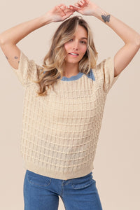 Thumbnail for BiBi Textured Contrast Short Sleeve Sweater