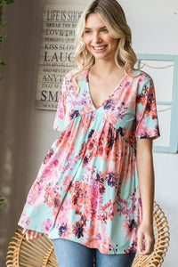 Thumbnail for Heimish Full Size Floral V-Neck Short Sleeve Babydoll Blouse