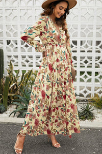 Thumbnail for Floral Frill Trim Flounce Sleeve Plunge Maxi Dress