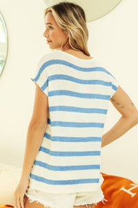 Thumbnail for BiBi Striped Round Neck Short Sleeve Knit Top