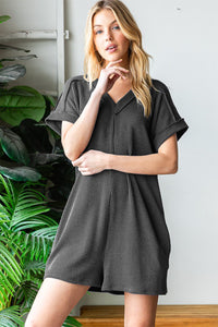 Thumbnail for Heimish Full Size Short Sleeve Ribbed Romper with Pockets