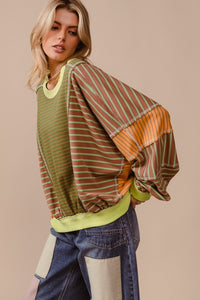 Thumbnail for BiBi Color Block Striped Round Neck Sweatshirt