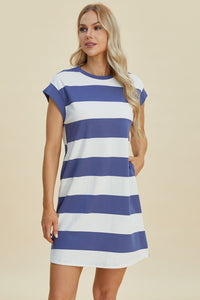 Thumbnail for Basic Bae Full Size Striped Round Neck Cap Sleeve Mini Dress