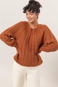 Thumbnail for HYFVE Cable-Knit Round Neck Raglan Sleeve Sweater