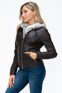 Thumbnail for YMI Faux Layered Double-Zipper Jacket with Fuzzy Hood