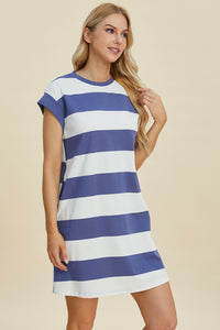 Thumbnail for Basic Bae Full Size Striped Round Neck Cap Sleeve Mini Dress