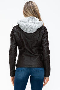 Thumbnail for YMI Faux Layered Double-Zipper Jacket with Fuzzy Hood