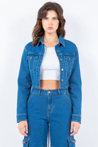 Thumbnail for American Bazi Laced Back Cropped Denim Jacket