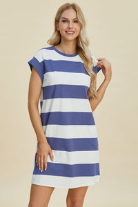 Thumbnail for Basic Bae Full Size Striped Round Neck Cap Sleeve Mini Dress