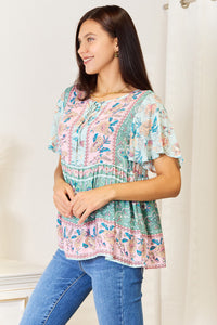 Thumbnail for Perfee Floral Tie Neck Short Sleeve Blouse