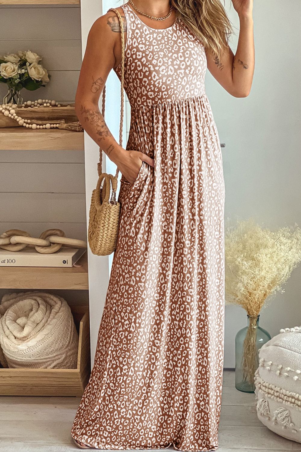 Leopard Round Neck Sleeveless Maxi Dress