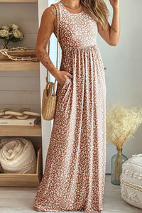 Thumbnail for Leopard Round Neck Sleeveless Maxi Dress